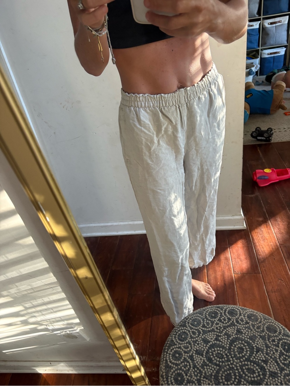 H&M Light Beige Linen-Blend Elastic Waist Pants
